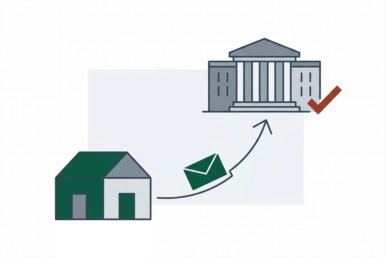Illustration of an envelope travelling from a house to a government building
