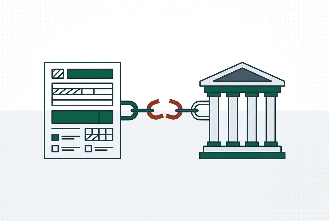 Illustration of a medical bill linked to a courthouse by a chain with one broken link