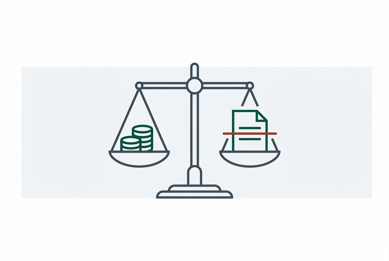 Illustration of balance scales weighing a stack of coins against a document with a red line through it